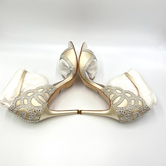 Badgley Mischka‎ Size 8 Roxy Jeweled Ivory Satin Open Toe Heels Pumps Shoes - Picture 8 of 13